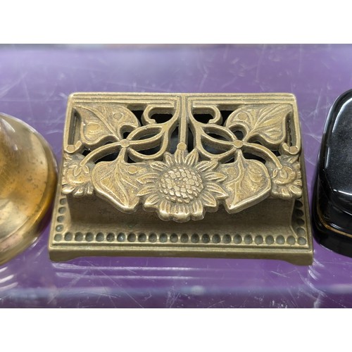 41 - Brass vintage Gwrych Castle souvenir bell, ornate brass stamp box and ceramic stamp box with dog lid