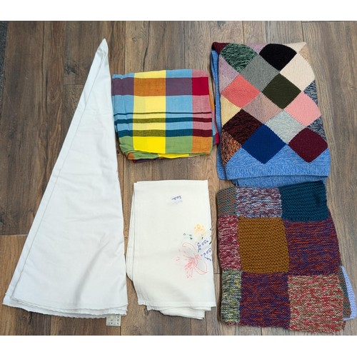 123 - Hand made vintage wool blanket and wool lap rug plus 3 x assorted cotton table cloths (including 1 w... 