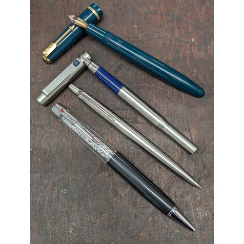 42 - Parker Duofold fountain pen with 14k nib, other parker fountain pen, 2 x Parker biros and Swarovski ... 