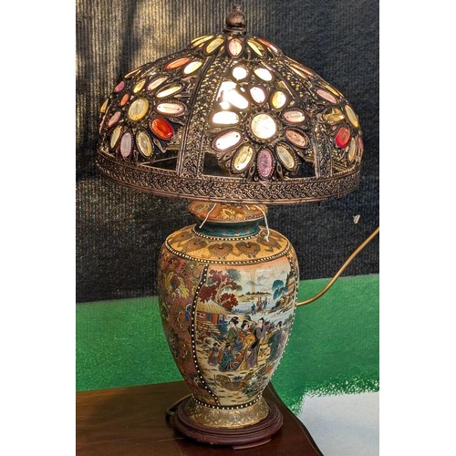173 - Approximately 2 ft tall Oriental style table lamp with jewelled shade