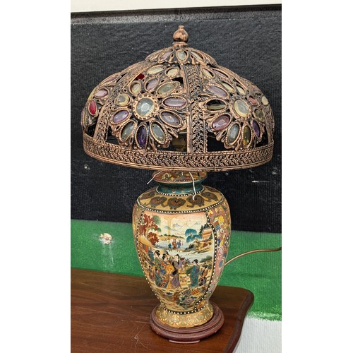 173 - Approximately 2 ft tall Oriental style table lamp with jewelled shade