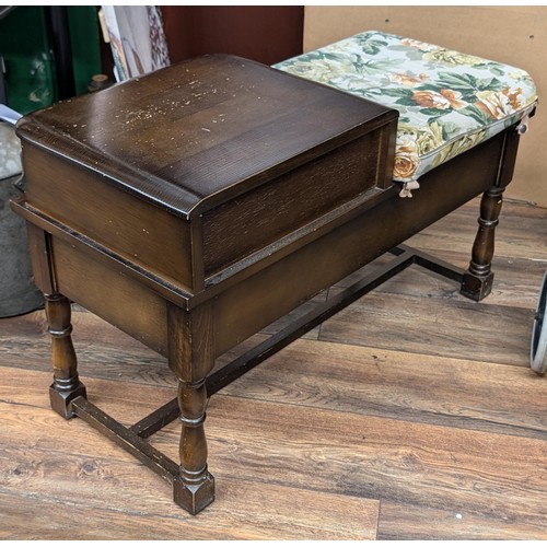 204 - Vintage Ercol style dark wood telephone hall table seat with storage drawer and cushion pad