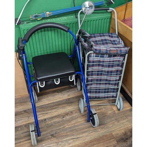 154 - 4-wheel mobility walking aid with seat and storage plus reversing mirror & Lorenz tartan water proof... 