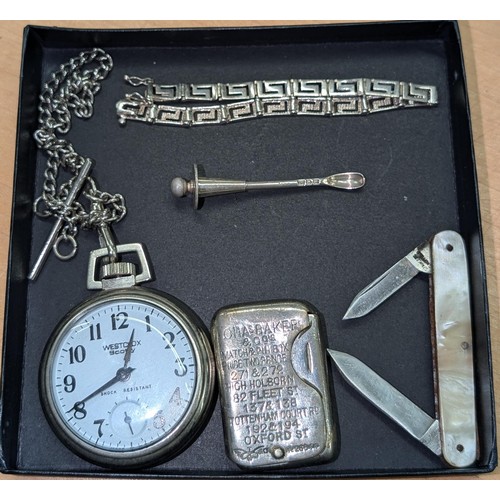 361 - Box containing silver plated vesta, pocket watch, pocket knife, Italian silver bracelet and hallmark... 