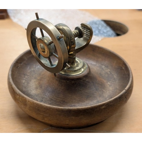21 - Vintage wooden nut dish with brass ships wheel nut cracker