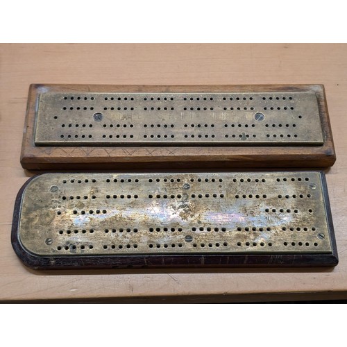 71 - 2 x vintage brass mounted onto wood cribbage/peg boards including one with The Ship Inn engraved