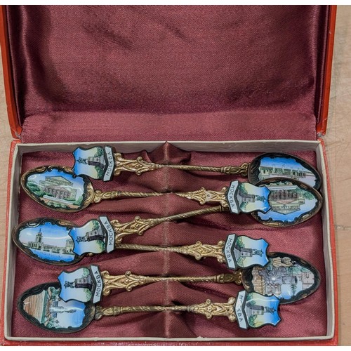 174 - Cased set of 6 x Russian 'Mockba' gilt and enamel spoons