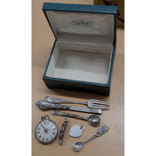 365 - Vintage Rolex watch box with assorted silver pocket watch and trinkets
