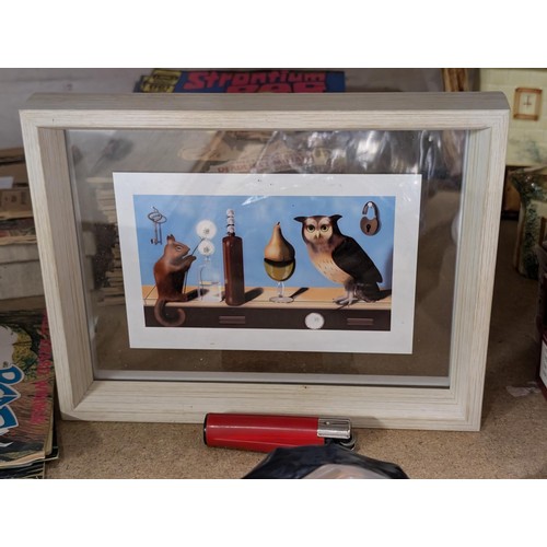 42 - 22.5 x 17.5 cm hard to describe owl and squirrel framed picture in backless frame