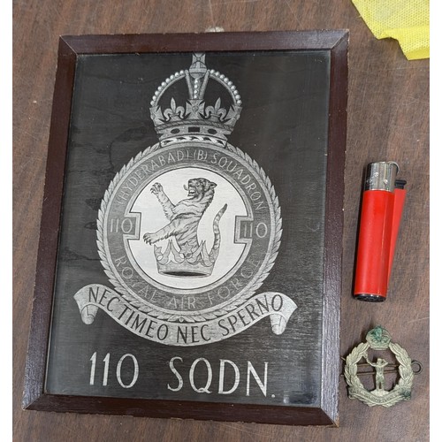 73 - 17 x 22.5 cm framed vintage 110 squadron crest with Observer Corps cap badge