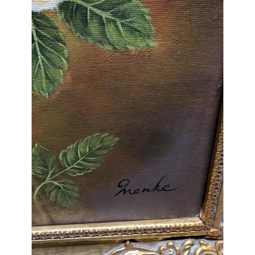 161 - Approximately 34 x 39 cm ornate gilt framed still life rose study painting on canvas signed Menke?