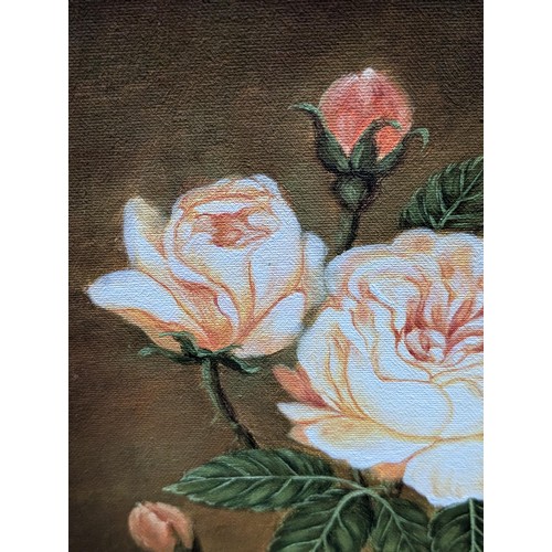 161 - Approximately 34 x 39 cm ornate gilt framed still life rose study painting on canvas signed Menke?