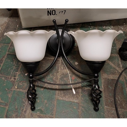 163 - Pair of twin arm metal scroll wall lights with white glass shades