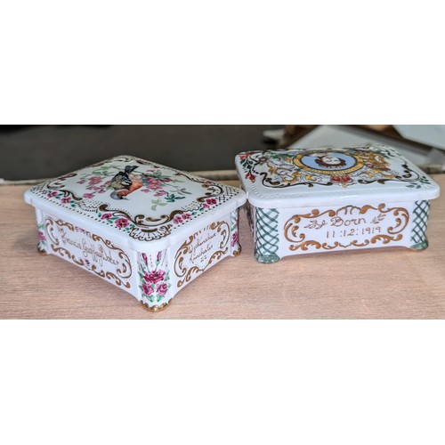 193 - 2 x hand glazed and painted, personalised lidded rectangular trinket pots by and from the estate of ... 