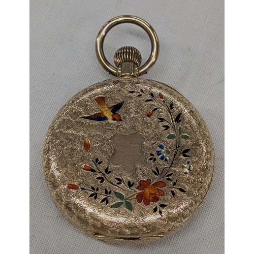 487 - 14K stamped 14 carat gold cuivre ladies enamelled pocket watch in working order - 35.7 gm