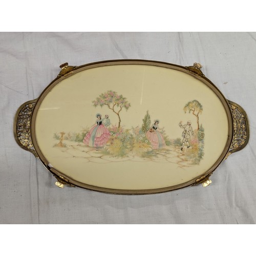 83 - Double sided ladies dressing table tray with intricate gilt detailing, old glass perfume bottle and ... 