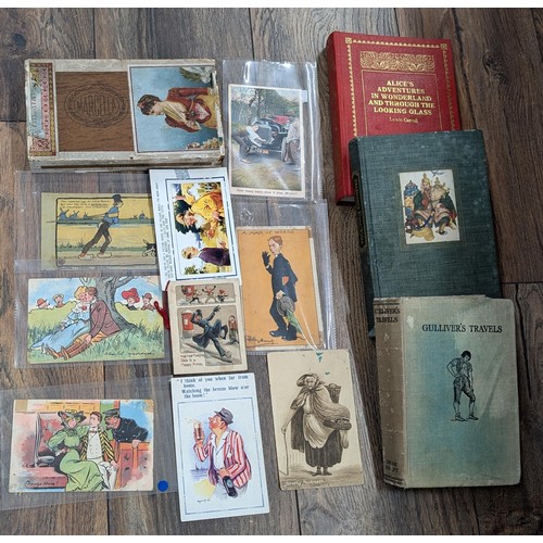 173 - Vintage cigar box with some early 1900's postcards and 3 x hard back books