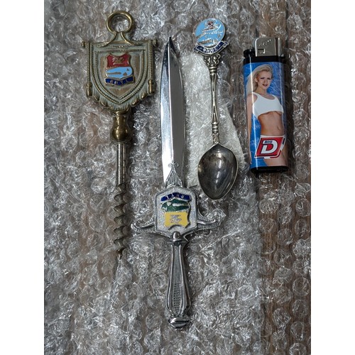 175 - 3 x vintage Rhyl crest souvenir gifts being cork screw, letter opener & spoon