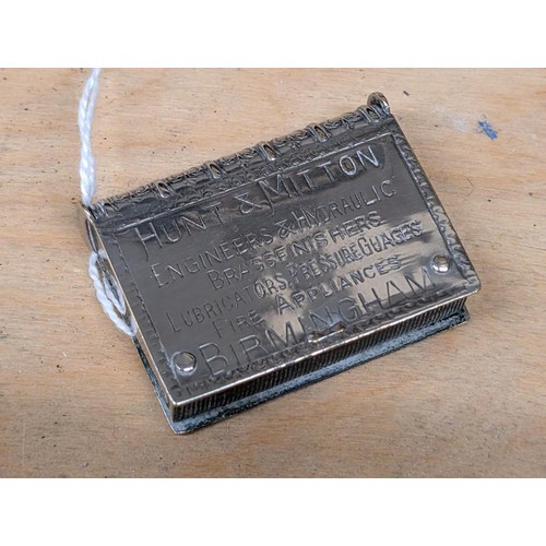 340 - Early 1900's book shaped silver plated vesta case with Hunt & Mitton Birmingham advertising one side