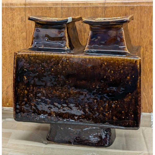 3 - 20 cm wide and 21 cm tall vintage studio pottery treacle glazed twin chimney vase - chip one corner