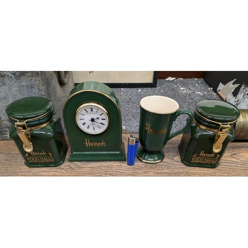 27 - Harrods (Hornsea) green and gold kitchen caddies, mug and mantel clock