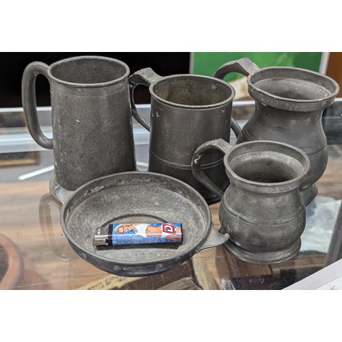 19 - Small bundle of assorted pewter measuring jugs/tankards and small dish