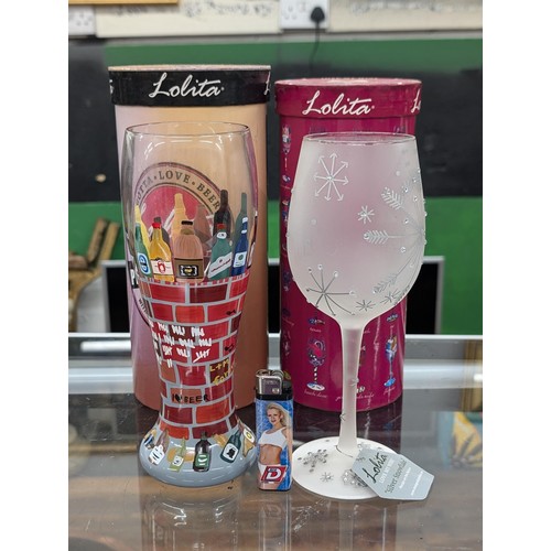 54 - 2 x boxed Lolita collectable hand painted glasses being gents pilsner and ladies wine glass