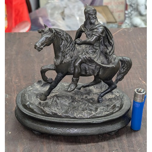 15 - Turn of the century French bronze look spelter Saracen on horse back on wooden base