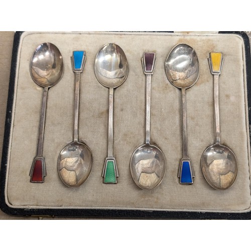 349 - 1932 Birmingham hallmarked Art Deco silver teaspoons with guilloche multi coloured enamel tops - 50 ... 