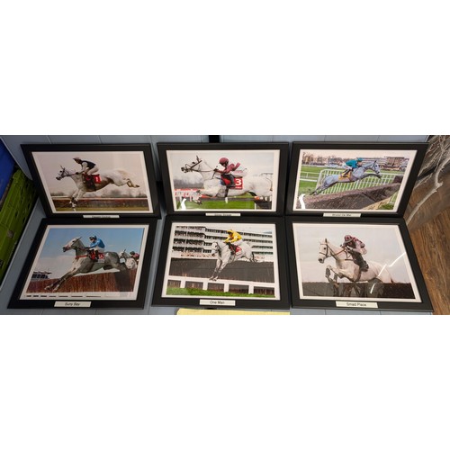 58 - Set of six, 33.5 x 24.5 cm framed National Hunt champion grey horses in running