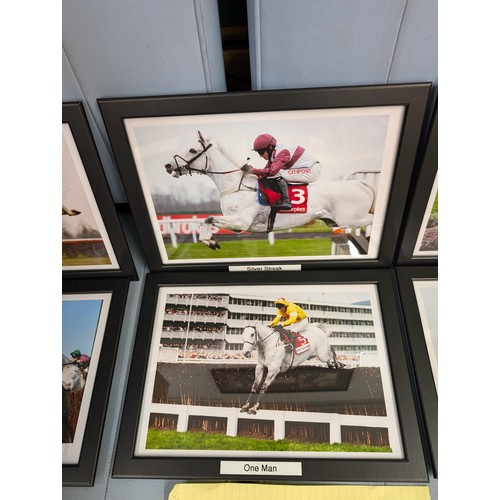 58 - Set of six, 33.5 x 24.5 cm framed National Hunt champion grey horses in running