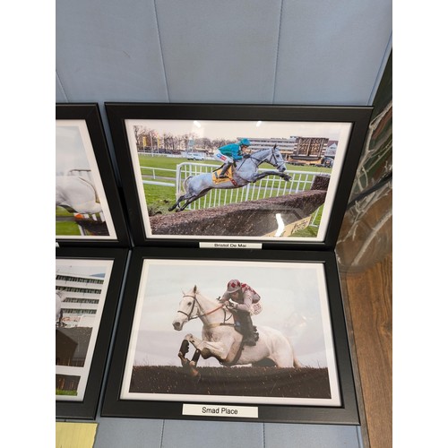 58 - Set of six, 33.5 x 24.5 cm framed National Hunt champion grey horses in running