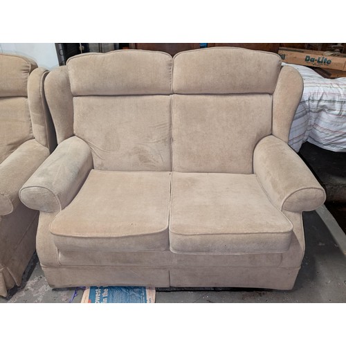 626 - Beige Parker Knoll 2 seat couch, arm chair and storage pouffe