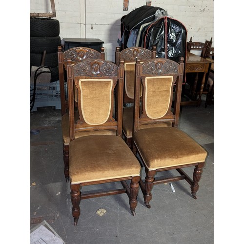 636 - 19th century mahogany extending dining table with extra leaf and winder and set of 8 highly carved h... 