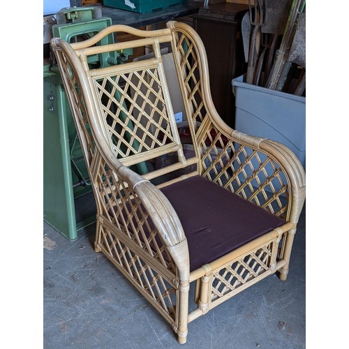 647 - Set of 3 x matching cane and rattan conservatory chairs with cushions (sun bleached), round and squa... 