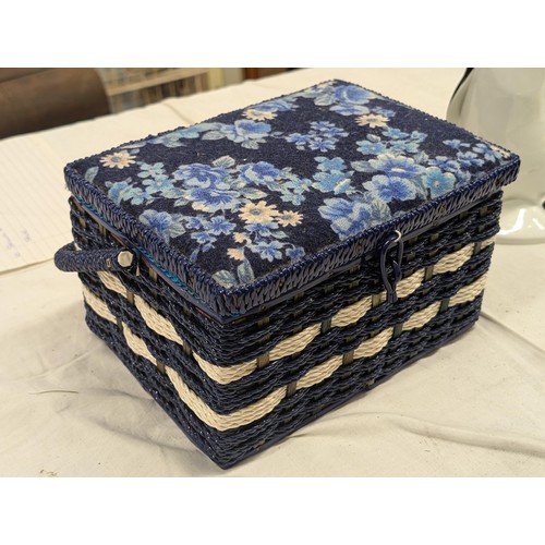 152 - Retro blue wicker weave sewing box and contents