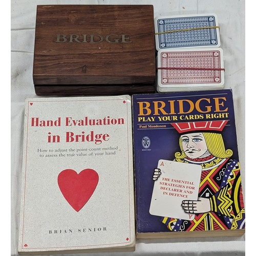 251 - Wooden Bridge card game box with brass inlay top containing 2 x packs of cards plus 2 x bridge books