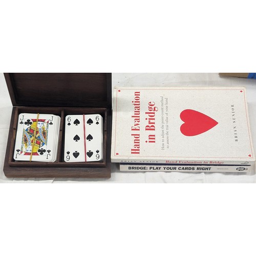 251 - Wooden Bridge card game box with brass inlay top containing 2 x packs of cards plus 2 x bridge books