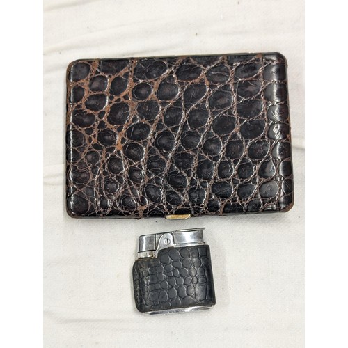 65 - Feather brand vintage cigarette case with snake skin cover plus Ronson vintage snake skin covered po... 