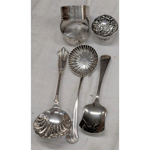 245 - Hallmarked silver Art Nouveau bottle lid, 3 x silver plated spoons (2 x strainer) and 2 x monogramme... 