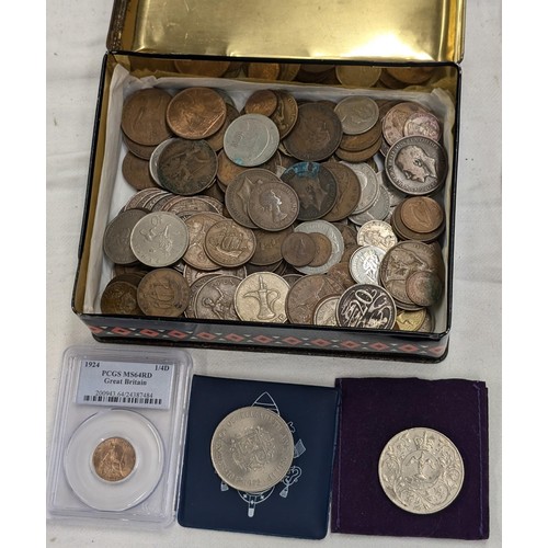 134 - Assorted mostly QEII UK silver and copper coinage and crowns in old Pascalls toffee tin