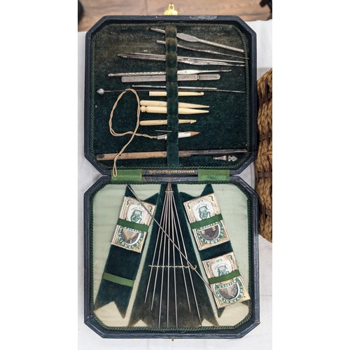 217 - Cased vintage sewing set and sewing basket and contents