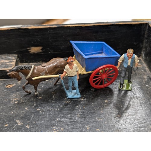 246 - Nearly 2 ft long scratch built wooden lorry, Britains horse and cart with 2 x farmer figures and vin... 