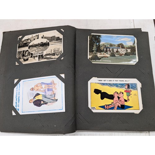 116 - Vintage postcard album with assorted saucy cartoon and other postcards and some old birthday cards e... 