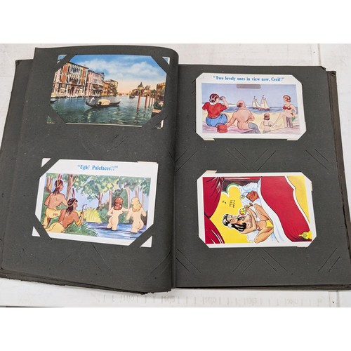 116 - Vintage postcard album with assorted saucy cartoon and other postcards and some old birthday cards e... 