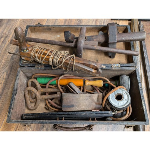 80 - Wooden tool box and contents plus antique peat cutter and bailer long handle hand tools