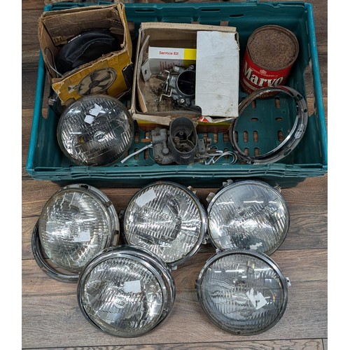 244 - Box of auto jumble being mostly vintage car headlights by Lucas etc