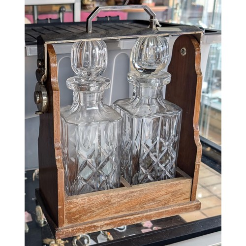 240 - Vintage PHV & Co wooden tantalus with twin cut crystal decanters - no key but open and each decanter... 