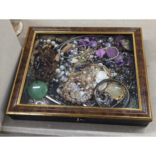 9 - Small counter top or wall hang display show case with assorted costume and dress jewellery