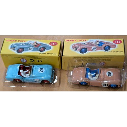 137 - 2 x Dinky toy (Atlas) Triumph tr2 sports cars in 2 colours